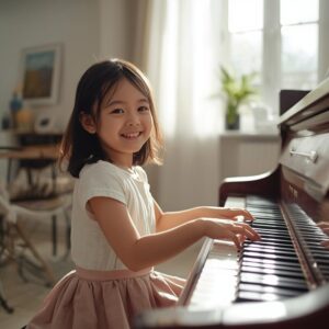 自然光が入る部屋で、笑顔の子どもがピアノを弾きながら音楽を楽しんでいる様子。